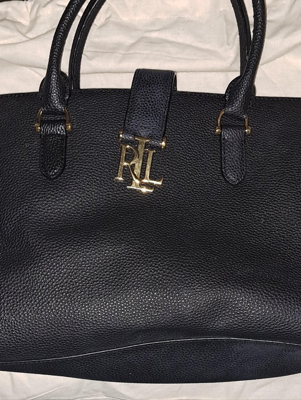 Ralph Lauren Black Pebbled Leather Satchel with Gold RL Emblem